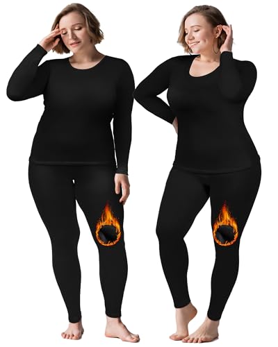 Patelai 2 Sets Plus Size Long Thermal Underwear for Women Fleece Lined Base Layer Pajama Top and Bottom Cold Weather(28 Plus,Black)