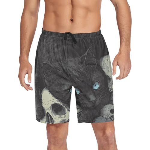 Men's Short Pajama Bottoms Hunt Cat Black Skull Home Casual Sleep Pants4