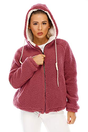 Women's New Hooded Sherpa Jacket Women Casual Winter Warm Soft Teddy Coat Zip Up Hooded Sweatshirt Jacket Coat (RED, M)