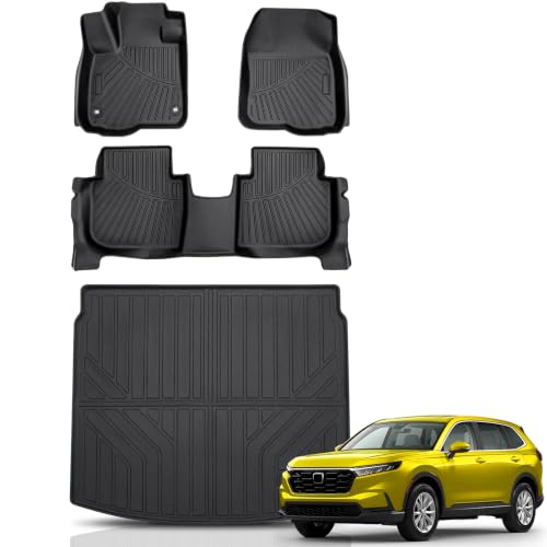 Sunsdrew Floor Mats for 2023-2025 2026 Honda CR-V (Include Hybrid), All Weather Floor Liners & Rear Trunk Mat for CRV Accessories, TPE Rubber, Raised Edge (Trunk Deck in Upper Position)