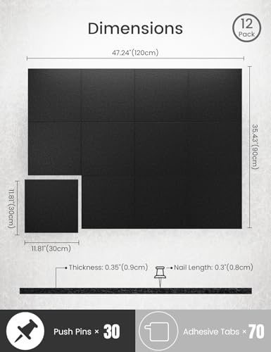 Bumusty Large Cork Board 47\"x35\" Alternative - 12 Pack Felt Wall Tiles with 70 Safe Removable Adhesive Tabs, 30 Pushpins, Cork Boards for Walls Pin Board Tack Board Cork Board (Black) - Thumbnail 2