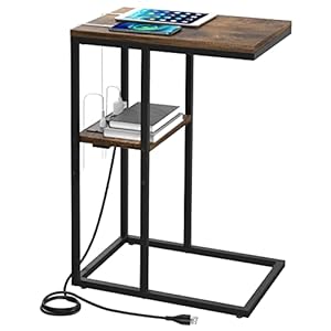 Yoobure C Shaped End Table with Charging Station for Living Room, Bedroom, Sofa Table with USB Ports and Outlets for Small Spaces, C Couch Rustic Snack Bed Table