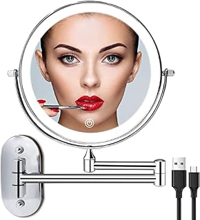Rechargeable Wall Mounted Lighted Makeup Mirror, 8 Inch Double Sided 1X / 10X Magnifying Bathroom Makeup Mirror, 3 Color Lighting, Touch Screen Dimming, Extended Arm, 360 Rotation Shaving Mirror