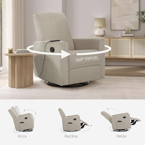 Image of Evolur Raleigh Glider with Massager in Charcoal, Upholstered Plush Seating 360 Swivel Glider Rocking Chair, FSC Certified, Greenguard Gold & JPMA Certified Nursery Glider Recliner