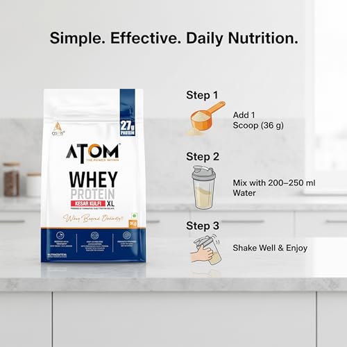 Image of AS-IT-IS ATOM Whey Protein XL, Kesar Kulfi, 1kg - with DigeZyme & Fermented Yeast Protein I High Absorption, Supports Muscle Growth, Recovery & Strength - Hybrid Protein for All Day Fuel