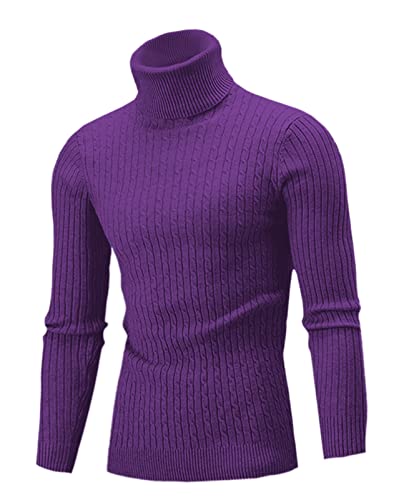 QZH.DUAO Cameinic Herren Casual Slim Fit Rollkragenpullover Pullover mit Twist Gemustert & Langarm T-Shirt, violett, X-Groß