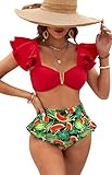 SPORLIKE Women High Waisted Swimsuit Ruffle V Neck Two Pieces Bikini Padded Bathing Suit(Red/Watermelon,Large)
