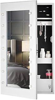White Mirror Jewellery Armoire with LED Light Bulbs Battery Powered Cosmetic Cabinet Makeup Storage Organiser Shelves Earring Hooks Ring Necklace Holder Dressing Room Bedroom Furniture