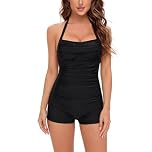 LXEASYGO Womens One Piece Tummy Control Swimming Costumes Ladies Ruched Boyleg Swimsuits with Removable Foam Cups (UK, Alpha, L, Regular, Regular, Black)