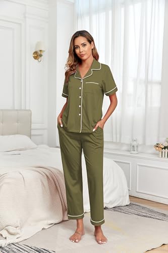 Image of COLORFULLEAF Women's 100% Cotton Pajamas Set Button Down Sleepwear Short Sleeve Shirt and Long Pants Soft Ladies Lounge Sets