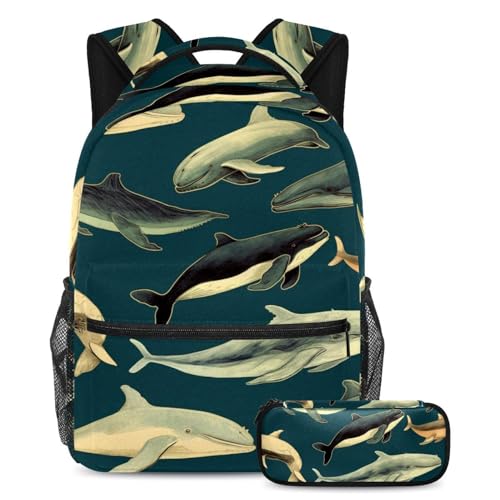 Sac d'école baleine 2 pièces avec grande capacité et trousse pour adolescent