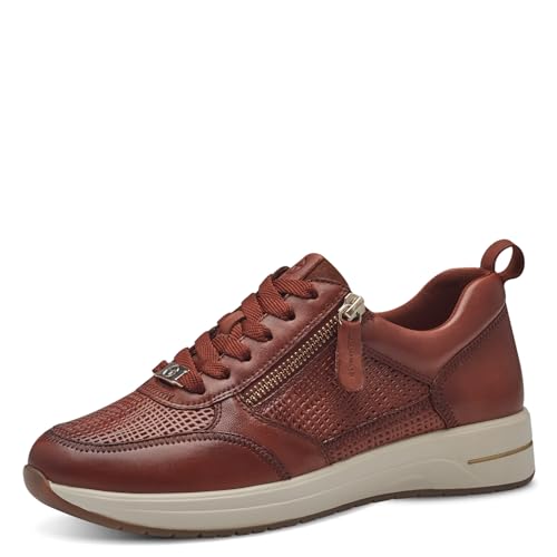 Tamaris Comfort Damen Sneaker flach aus Leder mit Reißverschluss, Braun (Cognac STR.), 37 EU