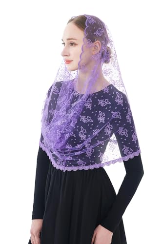 Wgior Embroidered Lace Chapel Veil Infinity Mantilla Veils Catholic Church veil Latin Mass Head Covering Scarf (Purple)