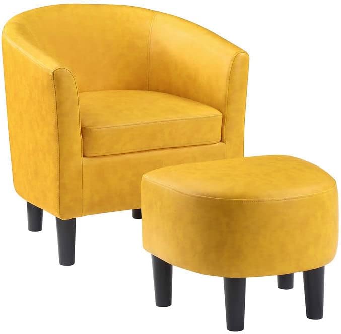 Convenience Concepts Take a Seat Churchill Accent Chair with Ottoman, Marigold Stamped Faux Leather