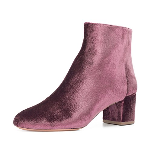 FSJ Women Round Toe Velvet Ankle Boots Block Heel Side Zipper Office Shoes for Comfort Size 8 Dark Red