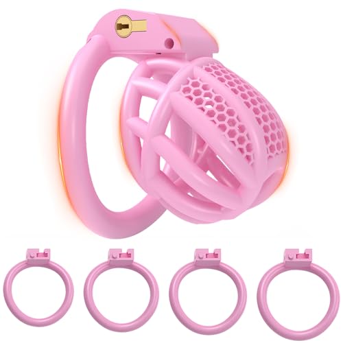 BDSMYEE chastity cage pene gabbia castità per uomo, Gabbie per Pene con 4 cockrings, Gabbia di castità uomo, cock cage per Prevenire L'erezione (Rosa, M)