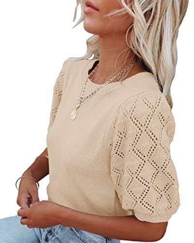 Image of Womens Short Sleeve Sweaters Crewneck Knit Pullover Tops 2025 Summer Casual Lightweight Crochet Blouse Shirt