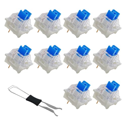 YAZWUR 10 Pezzi Switch Trasparenti Blu con Estrattore, Interruttori Meccanici a 3 Poli Antipolvere, per Tastiera Meccanica, Ideali per Gaming e Accessori PC, Affidabili e Durevoli (Blu)
