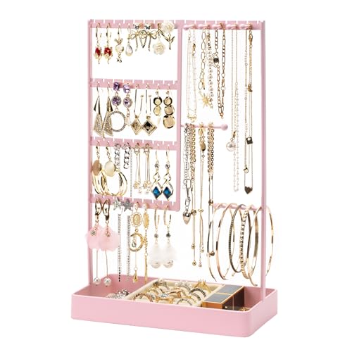 PiQi-Grecge Jewelry Organizer, 4-Tier Earring Holder Organizer with Metal Tray, Jewelry Holder Stand for Necklaces Stud Earrings Bracelets and Rings, Earring Organizer (Pink)