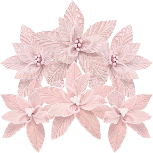 Sea Team Paquete de 6 adornos de flores artificiales de Navidad, juego de flores de Pascua de tela flocada, decoraciones florales para árbol de Navidad, corona, guirnalda, 10 pulgadas, rosa