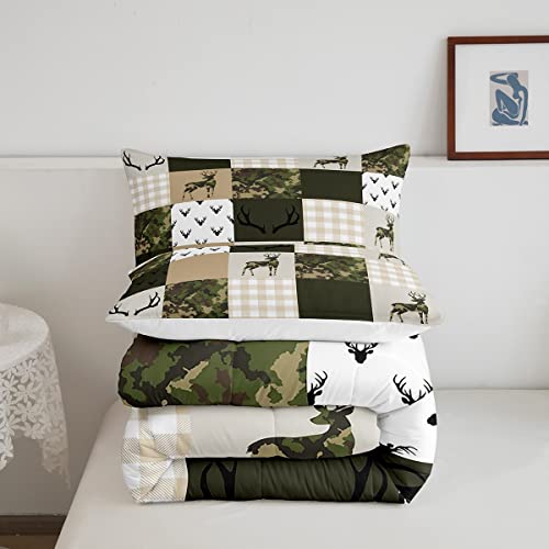 Homewish Camouflage Comforter Set Queen Size Woodland Camo Quilt Set Green And Beige Plaid Print Bedding Set 3Pcs For Kids Boys Teens Room Decor, Animal Deer Antlers Duvet Insert With 2 Pillowcases #TOP4