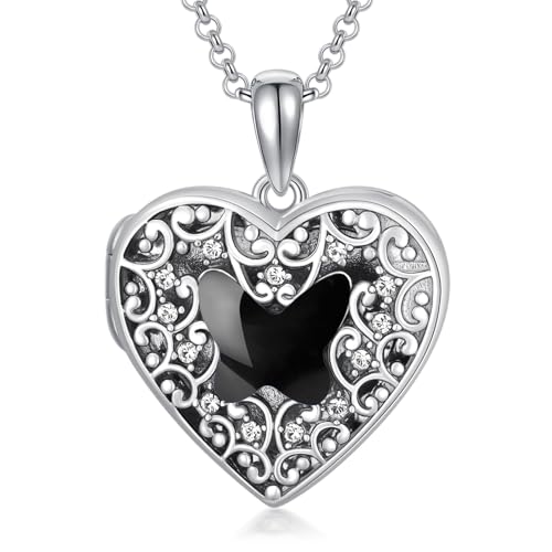 Dorunmo Locket Necklace That Holds Pictures 925 Sterling Silver Butterfly Necklace Black Onyx Necklace Personalized Photo Heart Necklace with Picture inside Custom Jewelry Gifts for Women