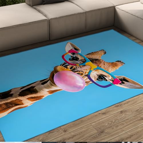 LANDERSION Alfombras Jirafa Animales Divertidos para guardería Diseño Creativo Moderno Alfombra Azul área pequeña Alfombra Pelo bajo Antideslizante Lavable Decoración hogar 90x120cm