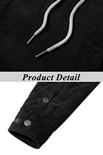 Tacvasen Men's Work Corduroy Jacket Lightweight Hoodie Button Closure Quilted Cotton Lined Winter Jacket Black, L #TOP5