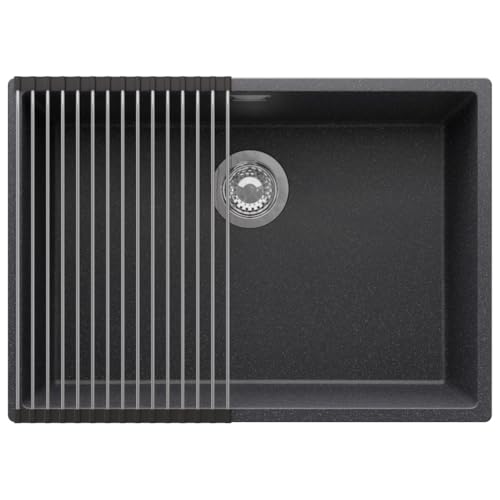 PRIMAGRAN Fregadero bajo Encimera Grafito 66x47cm Cocina 1 Seno + Sifón Enrollable Escurridor Granito