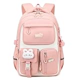 Amythe Mochila Escolar Niña, Mochila Infantil Ligera de Nailon para Chicas 8 a 14 años, Mochilas Kawaii Escolares con Colgante, Ideal para Colegio y Viajes, Rosa