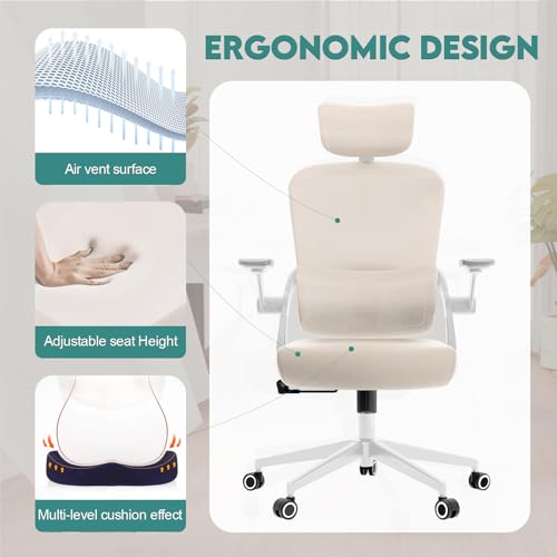 350 LBS Ergonomic Office Computer Mesh Chair - Adjustable Height Rolling Desk Chair with Flip-Up Armrests & High Back Support - Comfortable Swivel Task Chair for Home Office (01KHAKI) — view 4