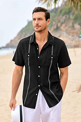 Mens Cuban Guayabera Shirts Cotton Linen Short Sleeve Shirt Casual Hippie Beach Button Down Pocket Shirt Black #TOP2