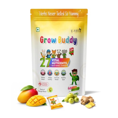 Image of U-VITA Grow Buddy Multivitamin Gummies for Kids (2+ Years) | No Added Sugar | 27 Essential Vitamins, Minerals & Pure herbal extracts | Made in India and Formulated in the UK | 60 Gummies, Mango)