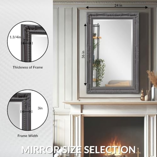 Image of Howard Elliott Collection Queen Ann Rectangular Glossy Charcoal Wall Mirror, Rectangle Hanging Wood Framed Vanity Mirrors for Home Decor, Living Room, Bathroom, Bedroom, or Hallway, 24 x 36 Inch