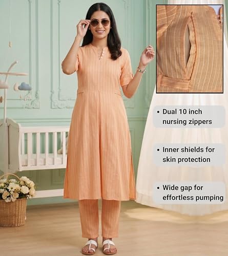 Image of DUMMY SHAPE Feeding Dresses for Women Full Set | Cotton Blend Maternity Kurta Pant Suit with Dual Nursing Zippers, Side Pocket to Pre & Post Pregnancy | Mom to Be Gifts