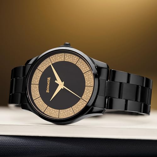 Image of Sonata Traditional Essentials Quartz Black Gold Round Dial Men's Watch | Analog Watch | Watches for Men Analog - 77163NM01W