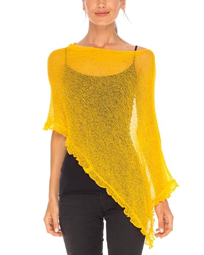 Image of SHU-SHI Women's Sheer Knit Poncho Shrug Lightweight Asymmetrical Ruffle Wrap Dressy Summer Shawl Cover Up Top