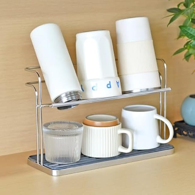 Bottle Drying Rack, Cup Drying Rack,Tumbler Drying Rack with Drain Tray (Stainless Steel Silver)