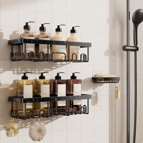 Image of Veken Shower Caddy 3-Pack, Advanced Rustproof Design, No Drilling Adhesive Shelves, Rack with Soap Holder, Large Capacity Bathroom Organizers and Storage, Wall-Mounted Kitchen & Home Decor, Black