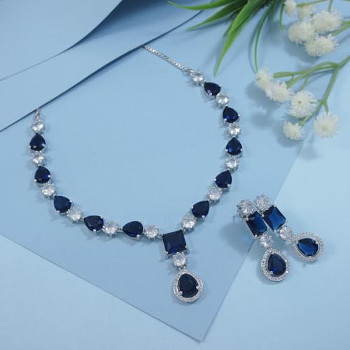 Image of I Jewels Silver Plated Cubic Zirconia American Diamond Valentines Special Necklace & Drop Earrings Jewellery Set for Women