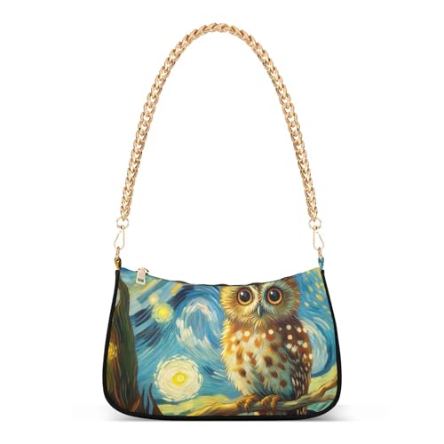 Cute Owl Starry Night Tote Handbags Womens Lady One Shoulder Bag Zipper Hobo Purse Bags with Chain Strap