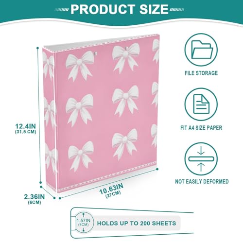Image of White Bows Pink 3 Ring Binder with 2 Interior Pockets 1.5 inch Binders 3 Ring Heavy Duty Fit 8.5 inch x 11 inch Letter for Office School, 2 Pack