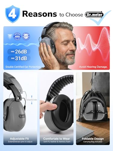 Image of Dr.meter Hearing Protection Earmuffs, 31dB Noise Reduction Safety Ear Muffs with Adjustable Headband for Adults Kids Autism Sensory, Ear Muff for Yard Work, Mowing or Hunting -Grey