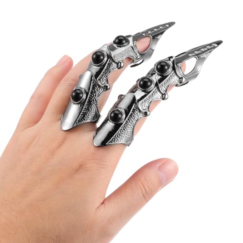 4pcs Full FInger Claw Rings Black Rock Hinged Adjustable Decoration Halloween Open Ring, Retro Claw Armor Cosplay Accessory Costume for Exaggerated Gothic Nail Ring4