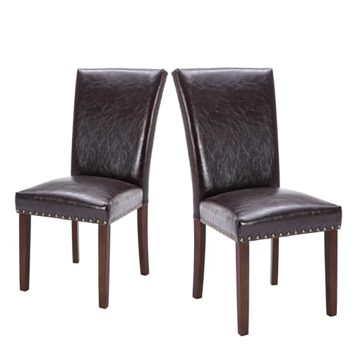 Image of COLAMY Upholstered Parsons Dining Chairs Set of 2, PU Leather Dining Room Kitchen Side Chair with Nailhead Trim and Wood Legs - Dark Brown