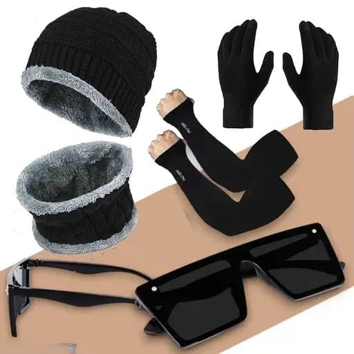 Winter Woolen Knit Beanie Cap with Neck Muffler/Neckwarmer, and Sunglasses with Gloves & Neck Muffler Warn | Neck Warmer and Woolen Gloves Set for Men & Women Combo Set of 4-image-22