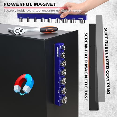2-Piece 1/2"-Drive SAE Magnetic Socket Organizer Set (Holds 16 Sockets) - Detachable Tool Tray with 5mm Magnetic Base, Screw-Fixed Design & Heavy-Duty Modular Storage for Garage/Home Workshop