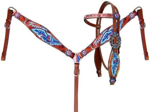 Showman "Freedom Headstall & Breast Collar Set w/Red, White & Blue Feather Design