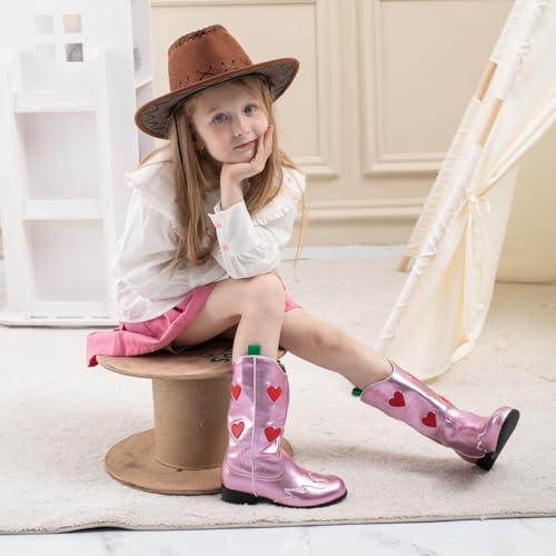 Kids Cowboy Boots Unisex Mid-calf Metallic Western Cowgirl Booties Splicing Riding Round Toe Pull on Long Boots for Boys/Girls4
