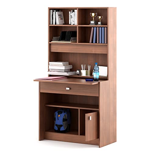 Image of Spacewood Study Table | 3 Year Warranty | Achiever |Study Desk with Storage, Study Table, Table with 4 Shelves and 2 Drawer Storage | Engineered Wood | Walnut Rigato